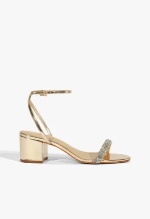 Sandália Dourada Schutz Block Gold com Strass – Salto 6cm