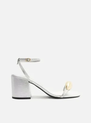 Sandália Prata Couro Salto Bloco Metal Silvia Braz - AREZZO