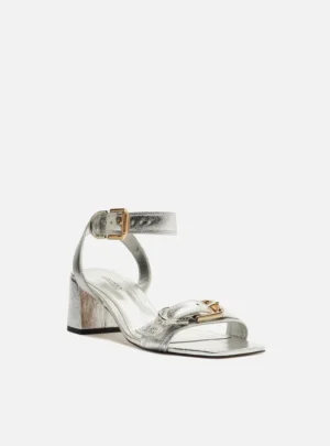 Sandália Arezzo Prata Couro Salto Bloco Médio Fivelas