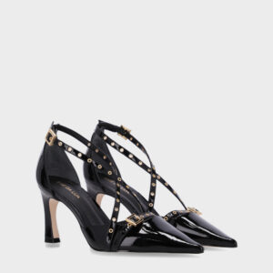 Scarpin Luz da Lua Verona Preto com Verniz e Detalhes Dourados - Salto 7,5cm