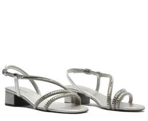 Sandália Tira Curva Cristais Salto Bloco Prata