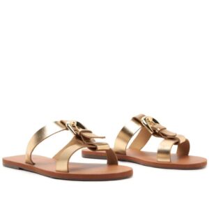 Rasteira Detalhe Fivela Couro Dourada